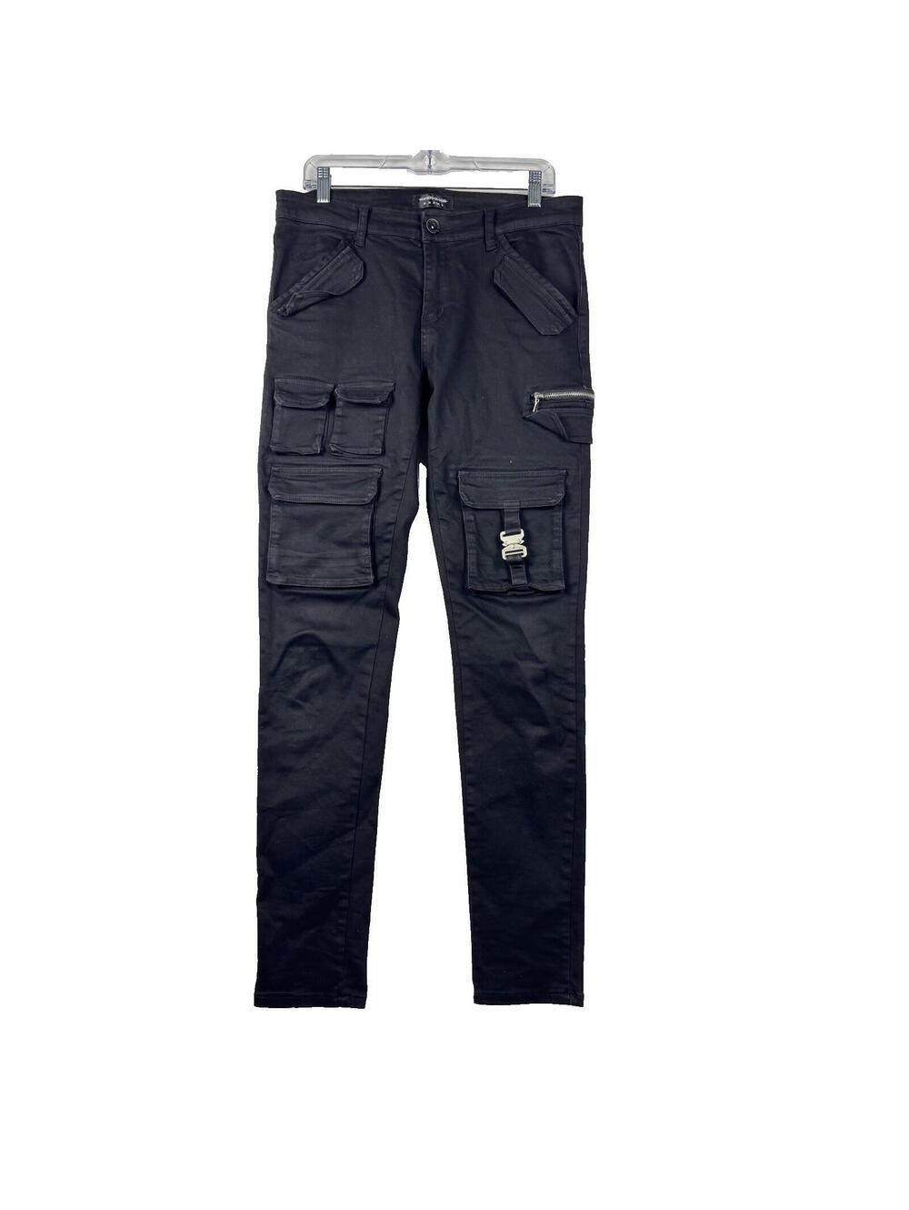 Maniere De Voir Mens 34x33 Black Denim Cargo Buckle Pocket Slim Fit Jeans